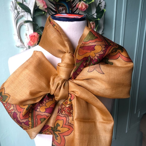 Rusted Caramel  Silk mustard Floral scarf - Picture 6 of 7